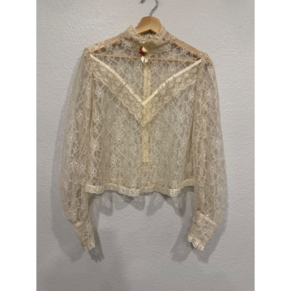 Vintage Edwardian 1970s Victorian Lace Romantic Cream Blouse - Med